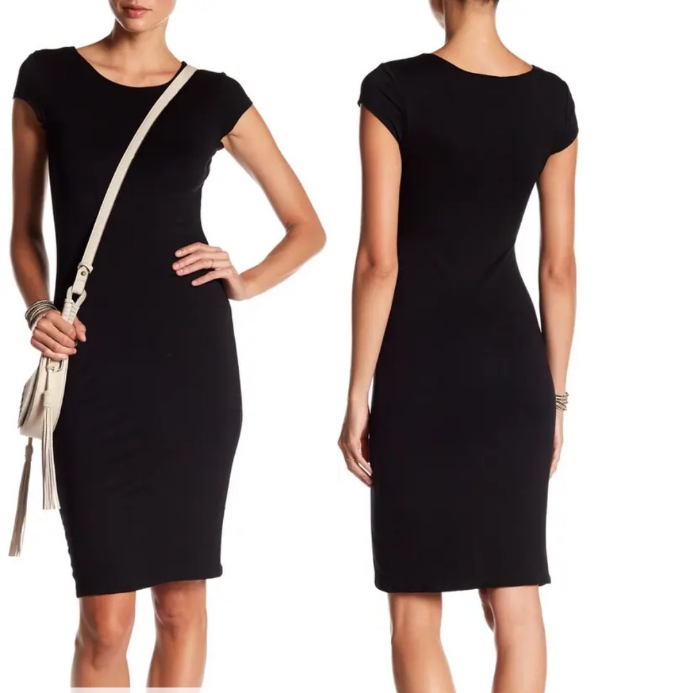 Cap Sleeve Bodycon Black lined Midi Dress Sm